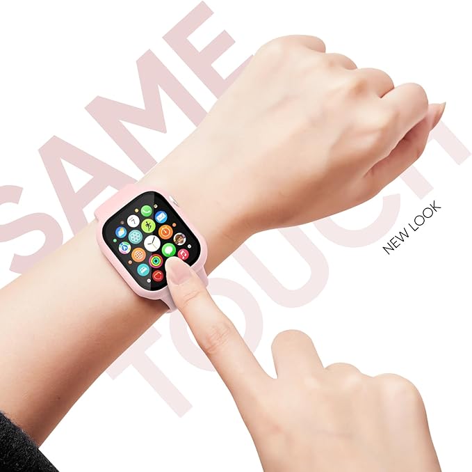 Compatible for Apple Watch Band 44mm 45mm and Case with Screen Protector, Soft Silicone Sport Strap Bands and Protective Cover with Tempered Glass for iWatch Series 9 8 7 SE 6 5 4