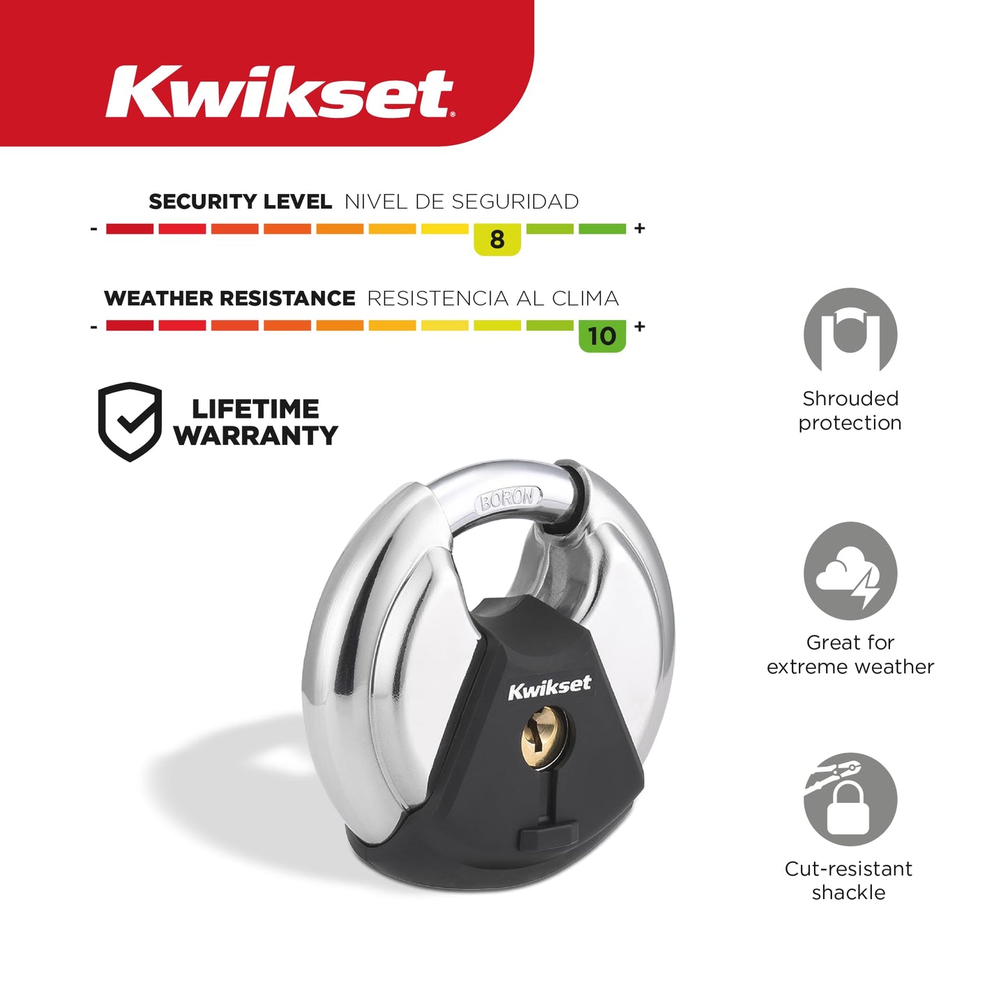 Kwikset Discus Padlock with Boron Carbide Shackle, High Security Outdoor Storage and Gate Lock, 2-3/4 in Body, 2 Pack Keyed Alike, Silver