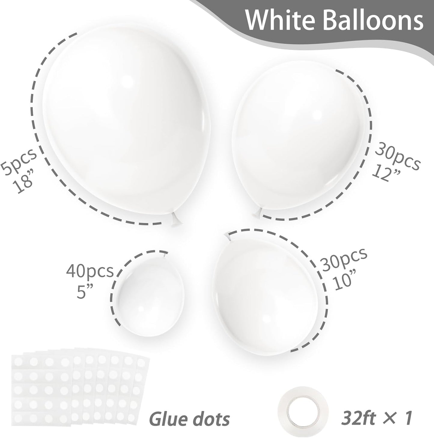 RUBFAC White Balloons - 105 Pcs in 5/10/12/18 Inch Sizes | Perfect for Party Decorations & Events