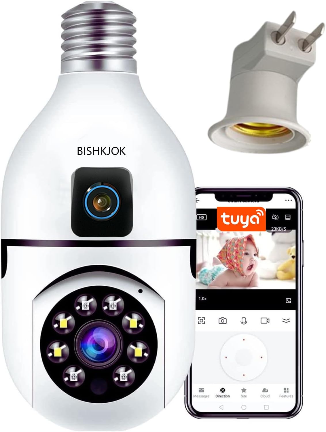 BISHKJOK 6MP Bulb 360 2-Way E27 Dual-Lens Light Security Camera, TUYA Indoor Pan/Tilt WiFi Cam with Auto Tracking