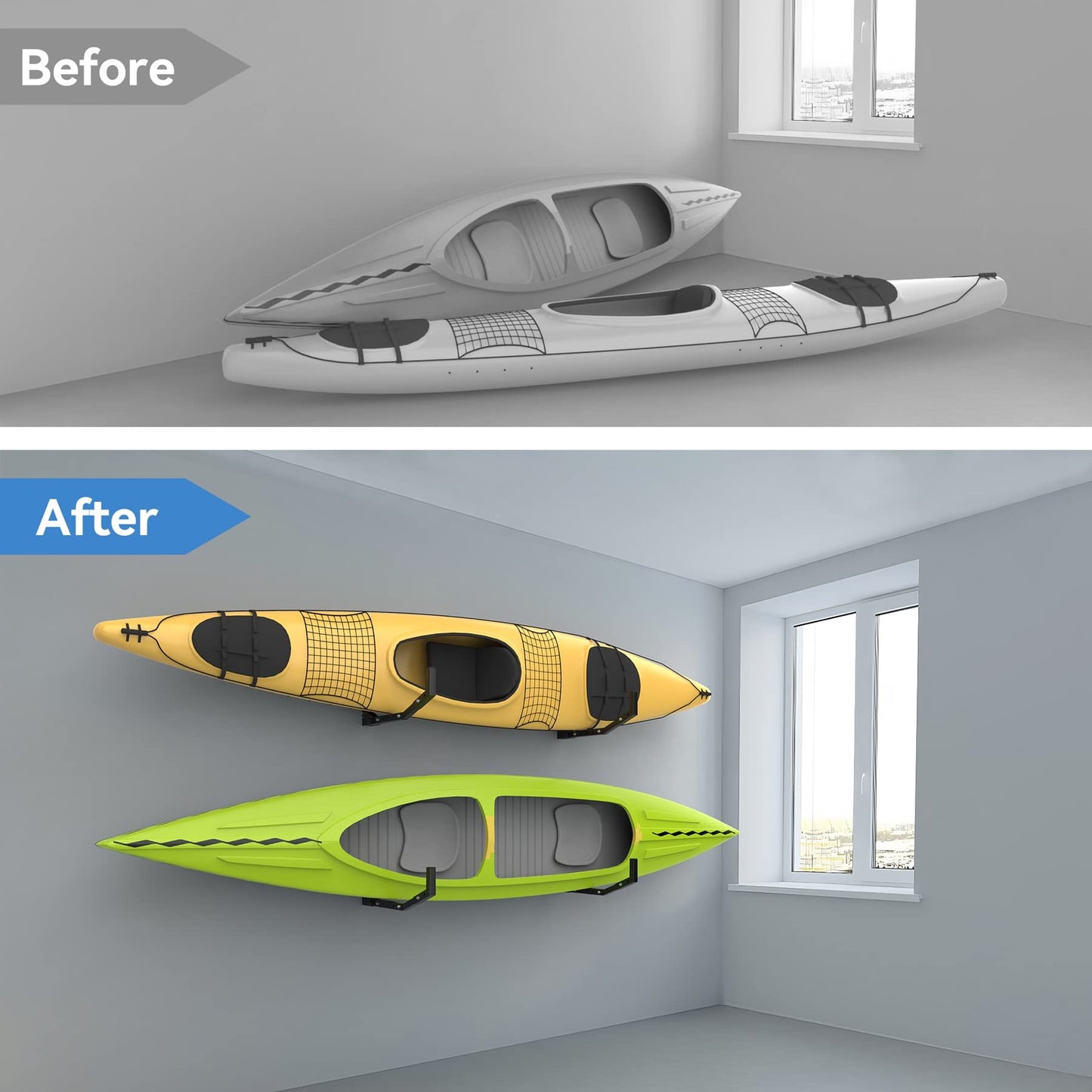 WALMANN Kayak Storage Rack, Wall Mount Kayak Hooks for Garage Kayak Wall Hangers for Kayak, Surfboard, Skiis, Snowboard, Paddle Board(2 Pairs for 2 Kayaks)