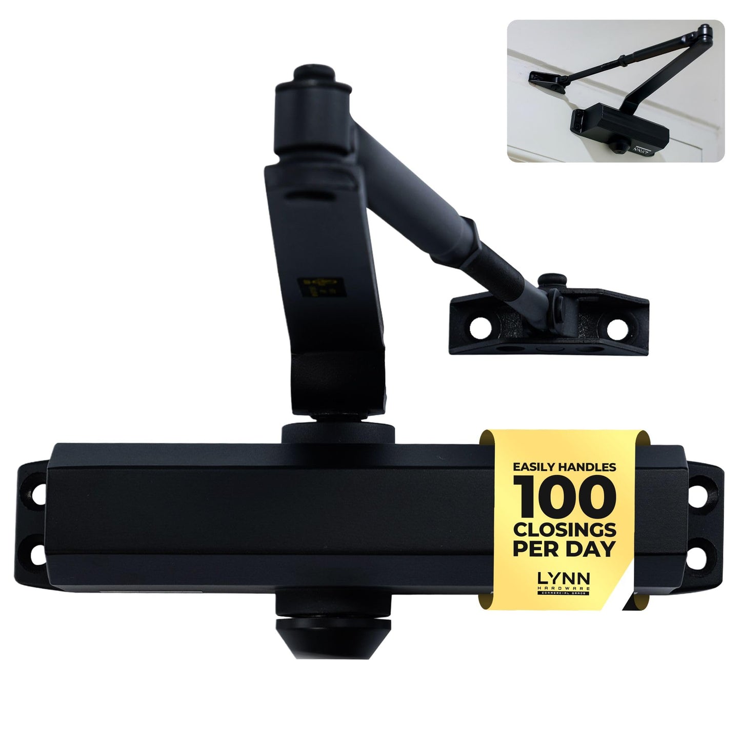 LYNN HARDWARE Medium Duty Automatic Door Closer (Matte Black) - Highly Durable Cast Aluminum, Commercial or Home Use, Adjustable Speed Controls, 3 Mounting Options, 3 Hour Fire Rated (DC6003 Model)
