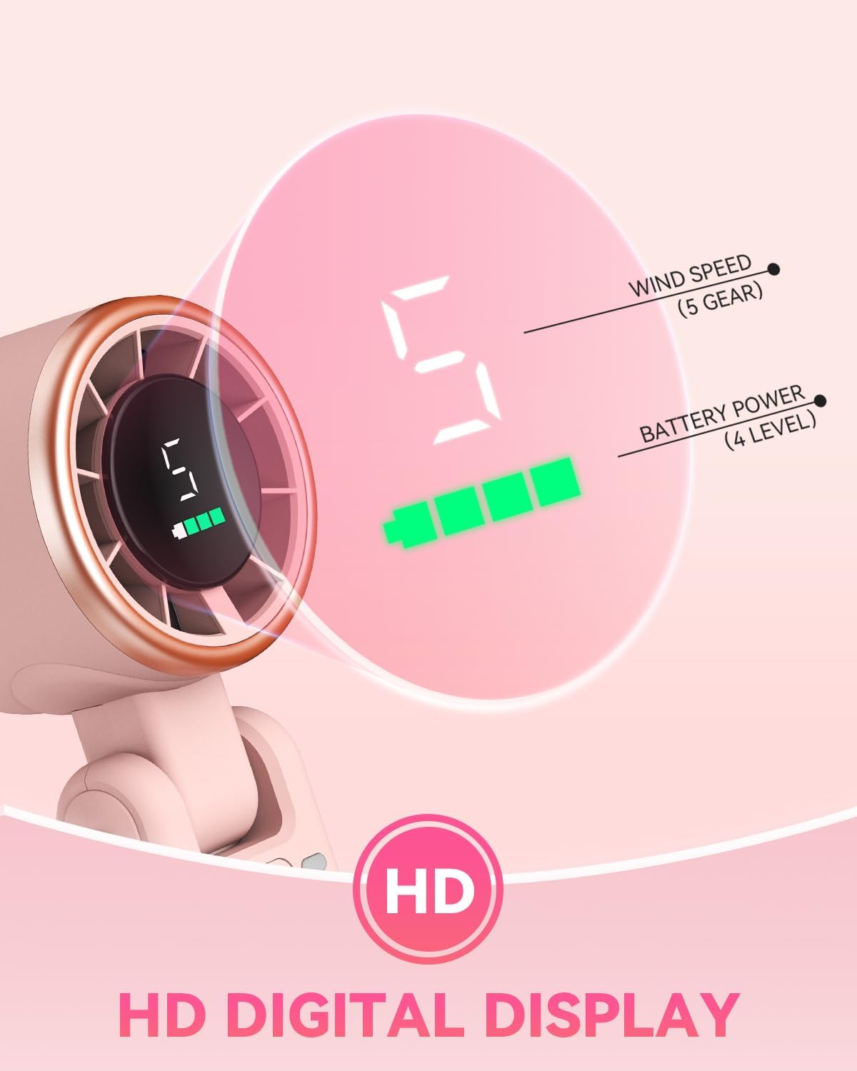 PlayHot Portable Handheld Turbo Fan - 5-Speed Rechargeable Personal Fan | 5000mAh Battery, 12-Hour Use, Lightweight 0.6lb, 3-in-1 Design (Pink)