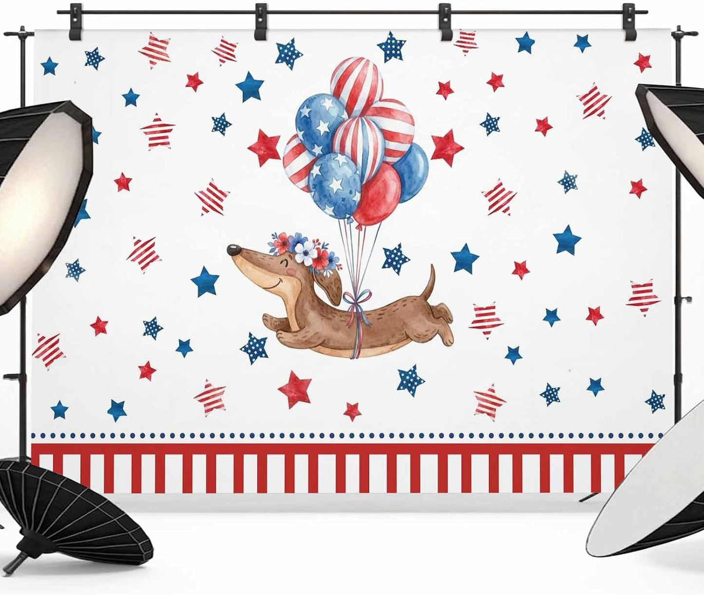 Generic 10 8 Independence Day Photo Backdrop for Photoshoot, x FT Flag Day Sausage Dog Blue Red Star Balloon Photo