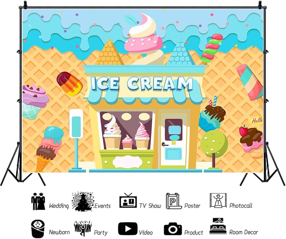 Retyshia 5x3Ft Summer Ice Cream Backdrop Banner Ice Cream Shop Birthday Backdrop for Party Dessert Parlor Photography