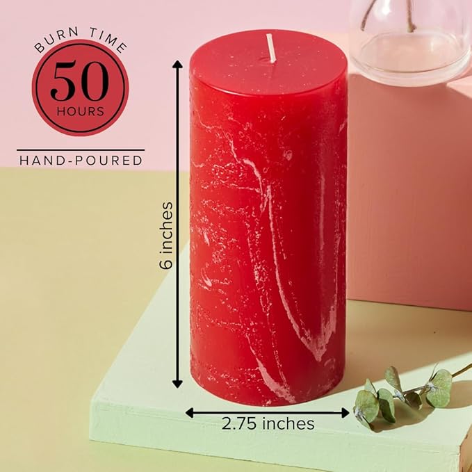 Simply Soson 3x6 inch Red Pillar Candles Set of 3, Rustic Texture, Unscented Red Candles, Dripless Candles, 3 inch Pillar Candles Ideal as Wedding, Parties, Spas, Dinner, Home Decoration, Church