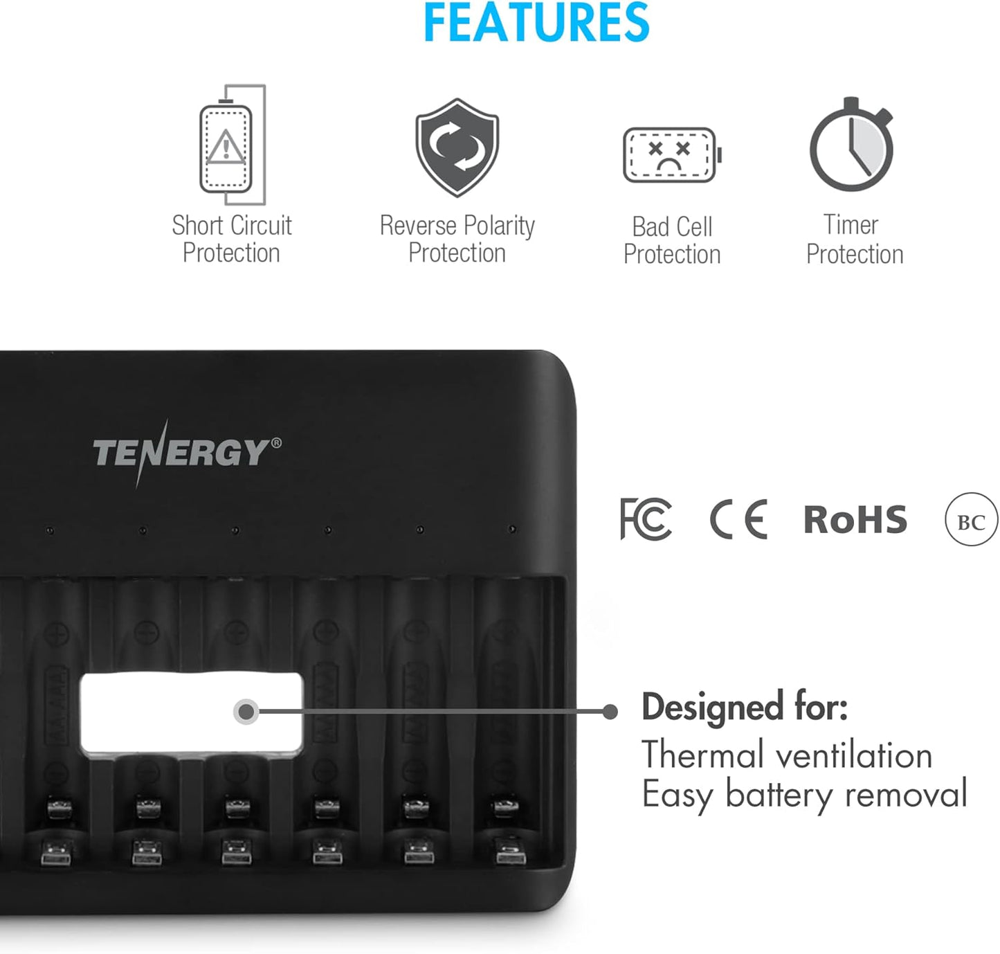Tenergy TN477U 8-Bay Quick Charger for AA/AAA Rechargeable Batteries