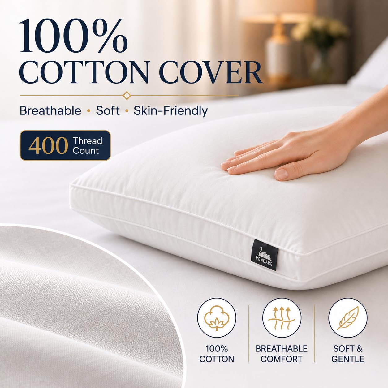 Vendare Down Pillows King Size Set of 2 - Goose Down & Feather Blend 600 Fill Power, 100% Cotton Cover, Hypoallergenic, Hotel Quality Luxury Pillows