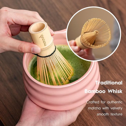 MatchAiA Matcha Whisk Set - Complete 7-Piece Kit with Ceramic Bowl, Bamboo Whisk, and Accessories | Pink