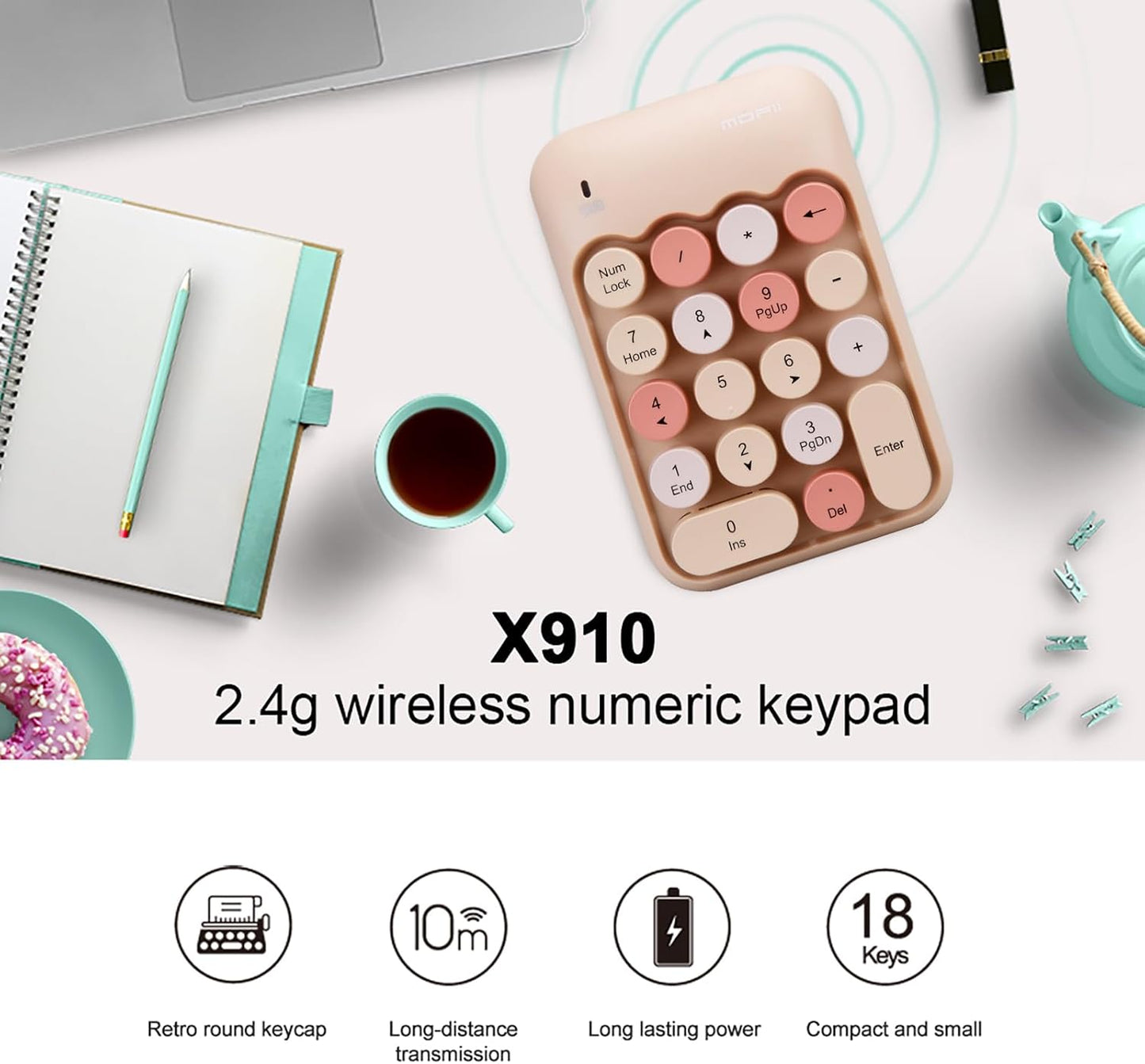 Lomiluskr 2.4G Accounting Wireless Numeric Keypad with USB Receiver, Cute Colorful Round Keycaps, Portable Financial