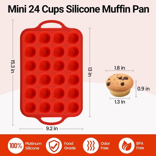 CAKETIME Silicone Mini Muffin Pan - 24-Cup BPA-Free Muffin Molds with Metal Reinforced Frame & Handles | Red 2-Pack