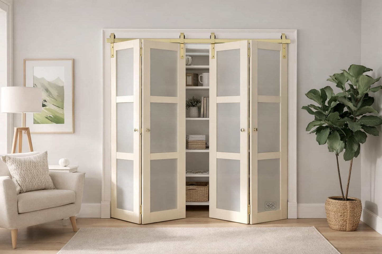 Rio Salto Gold Bifold Barn Door Hardware Kit 64" Closet — Contractor Grade Heavy Gauge Aluminum Sliding Bi Fold Track System for (4) 15" Panels, 4 Rollers with Matching Knobs (Hardware Only)