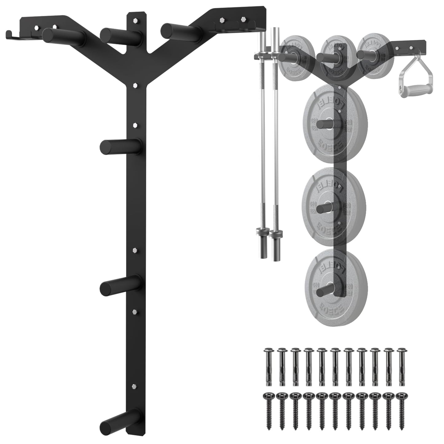 Wall Mounted Weight Plate Rack, 6 Pegs & 4 Barbell Storage Rack, 1190 LBS Capacity Weight Plate Holder, Wall Mounted Bumper Plate Storage for Home Garage Gym, Fit 2" Olympic, Rubber Protection Pads