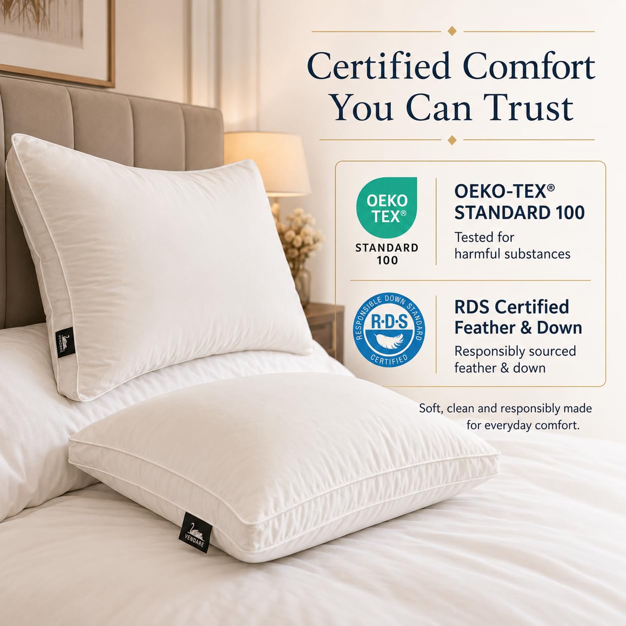 Vendare Down Pillows King Size Set of 2 - Goose Down & Feather Blend 600 Fill Power, 100% Cotton Cover, Hypoallergenic, Hotel Quality Luxury Pillows