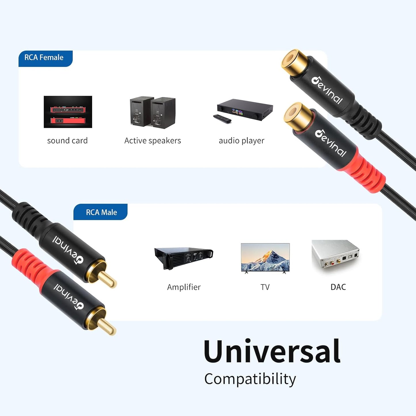 20ft/6m Devinal RCA Female to Male Extension Cable - Premium Audio Extender Cord for High Sound Quality & Durability