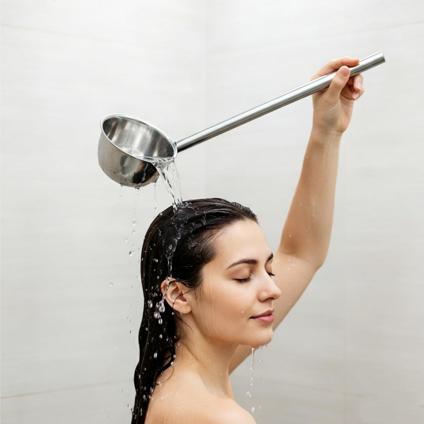 ZEAYEA 2 Pack Stainless Steel Water Ladle, 13.5" Metal Long Handle Water Dipper for Bath Rinse, Hair Washing Spoon Garden Watering Scoop for Bathroom Kitchen