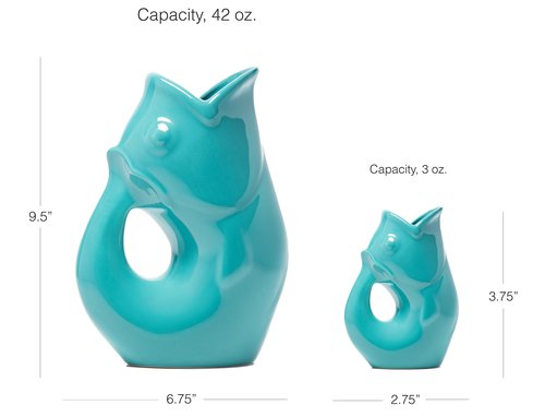 Gurgle Pot Fish Pitcher - Set of 2, French Inspired Design, Large Pitcher 42 oz. with matching Creamer, Aqua, the perfect Indoor or outdoor tableware, 42 Fluid Ounces and 3 Fluid Ounces