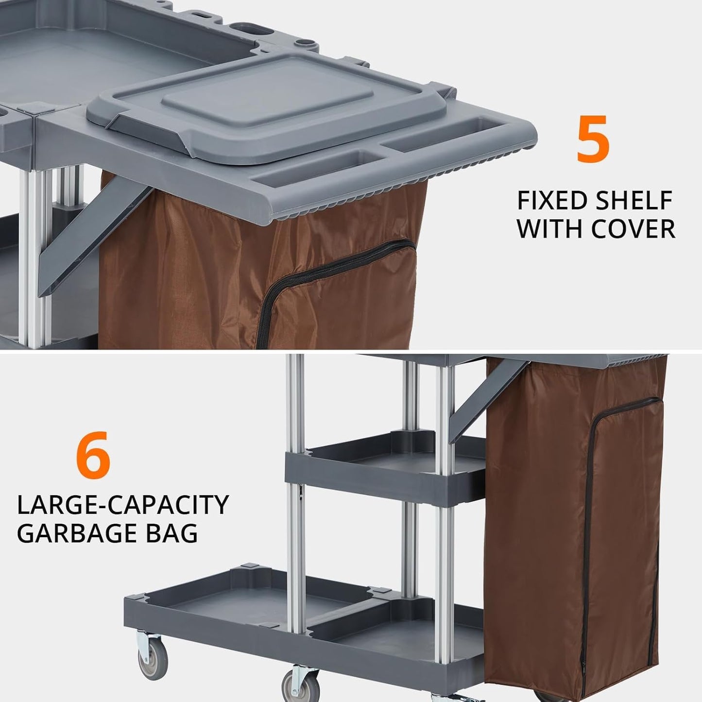 Commercial Traditional Janitorial 3-Shelf Cleaning Cart On Wheels with Cover and Vinyl Bag, Custodial Cart, Housekeeping Carts for Hotels, Stores, Schools, and Business