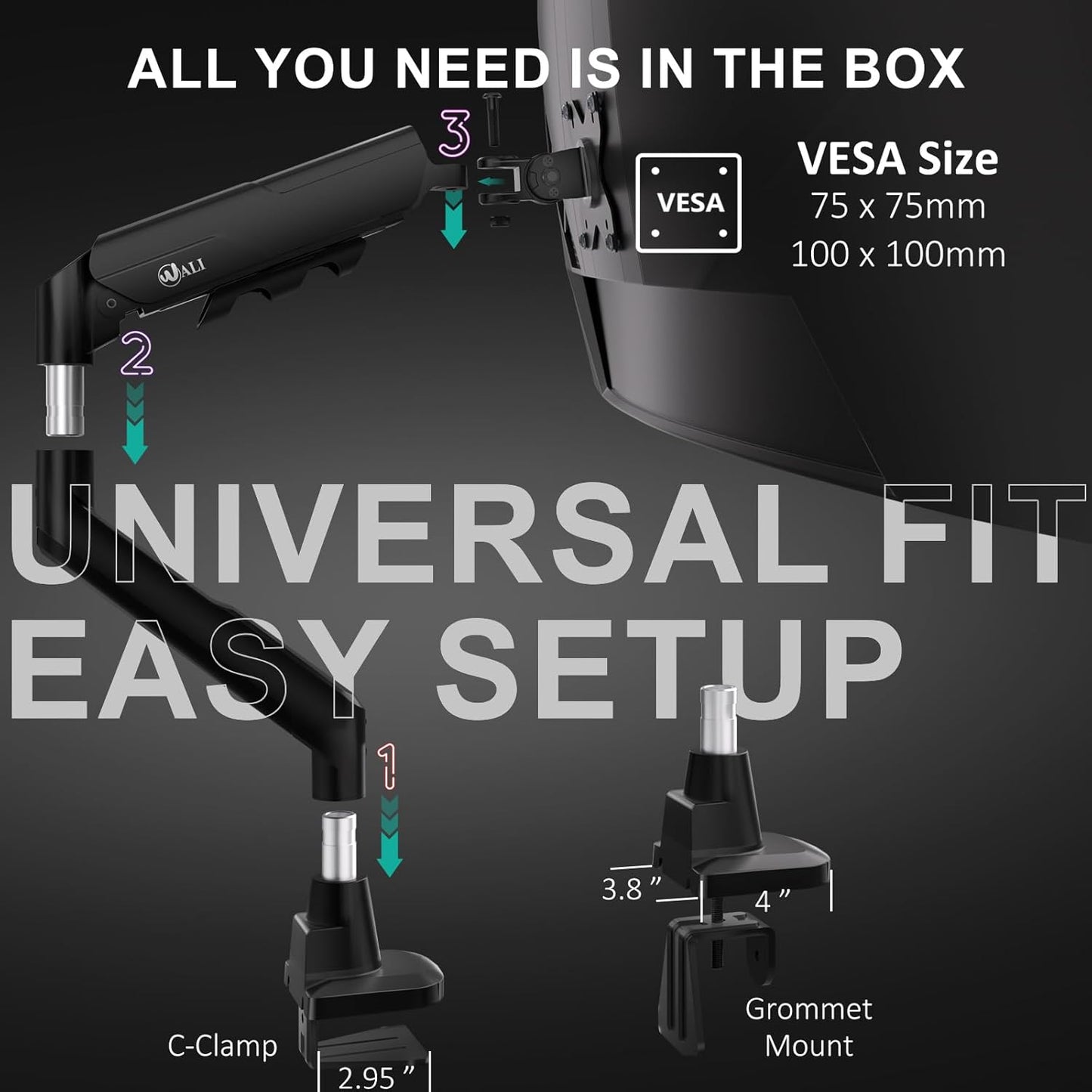 WALI 17-49 Inch 33 Lbs, 75/100mm (GSM001XLN), Heavy Duty Single Monitor Arm for Flat Curved Ultrawide Screens, up