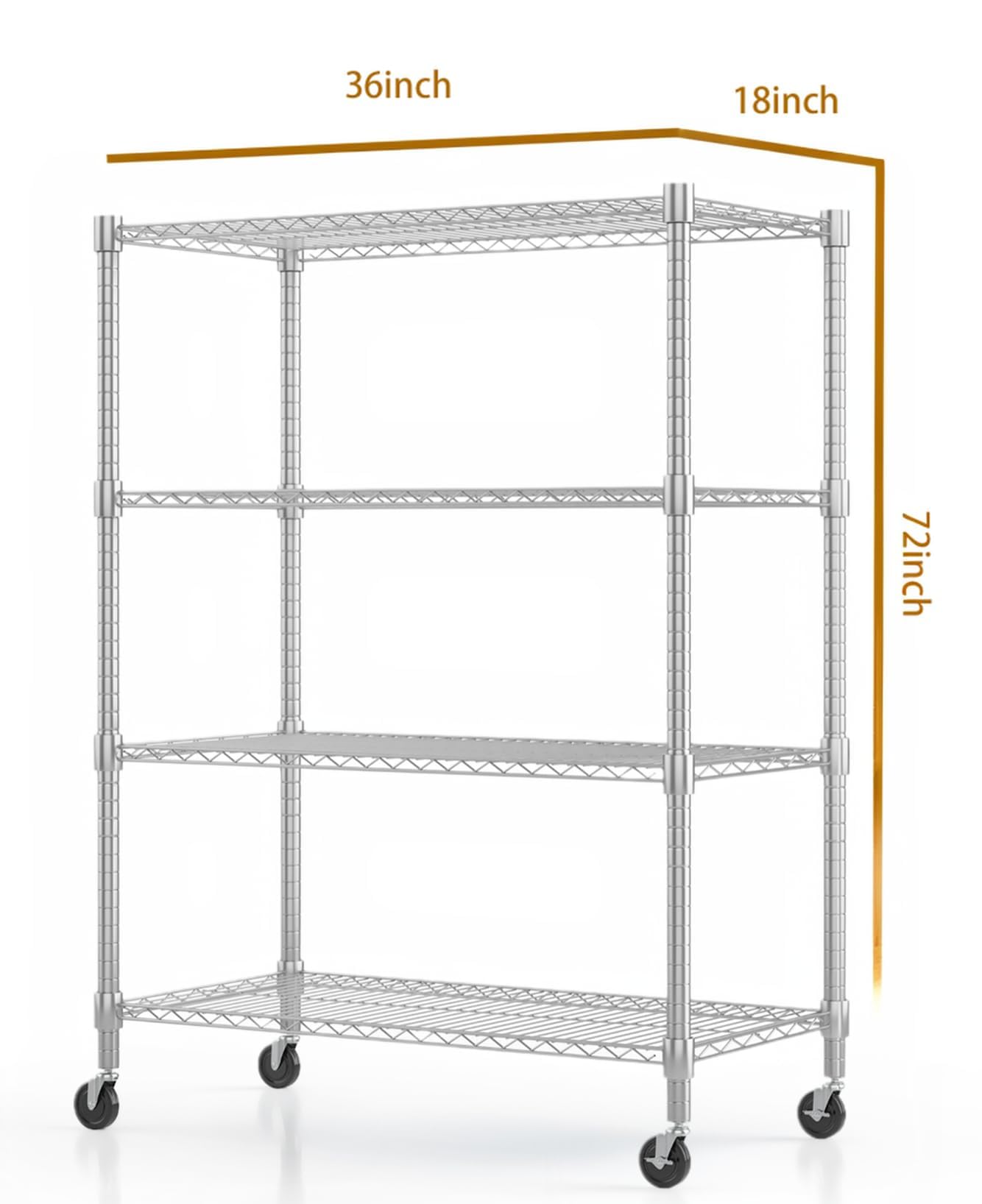 Himimi 4-Tier Heavy Duty Steel Wire Rack Storage Shelving, Adjustable Metal Storage Shelves with Wheels, 72''H Wire Shelf for Kitchen Garage Basement Pantry Organization, 18" D×36" W×72" H-Silver