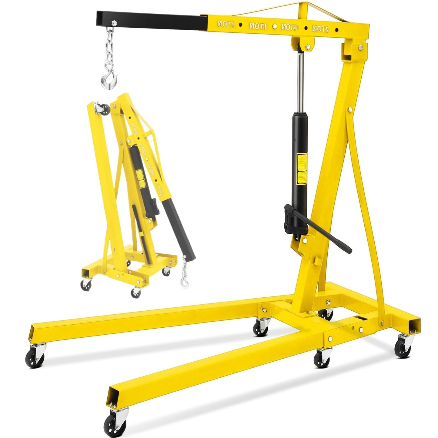 GarveeLife 2-Ton Folding Hydraulic Engine Hoist, Shop Crane with Telescopic Boom & 6 Casters, 4400 Lbs Foldable Cherry Picker Lift for Home Garage, Workshop, Warehouse, Heavy-Duty, Yellow