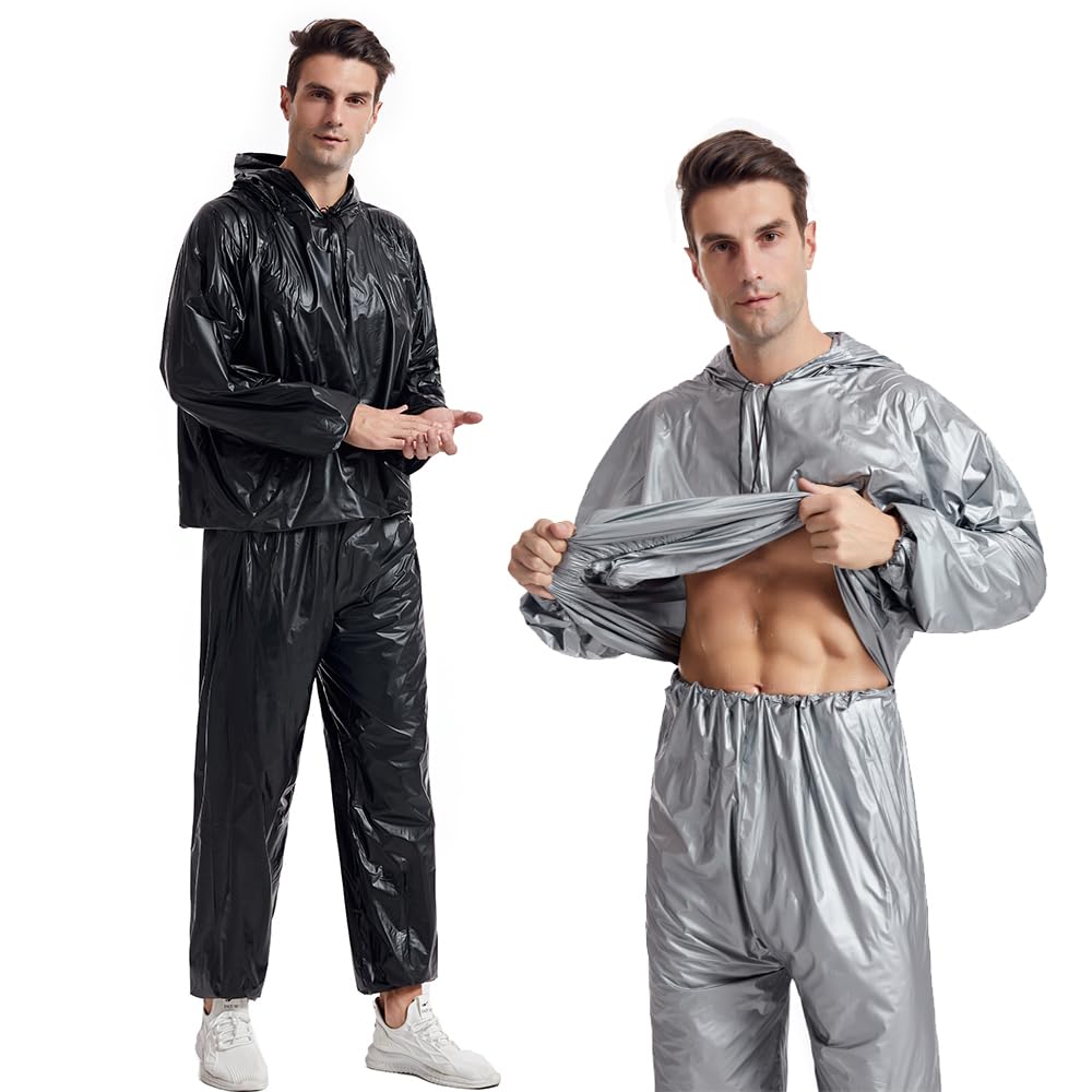 DawnBreak Sauna Sweat Suit for Women/Men with Hoodie Zipper Weight Loss Fitness Exercise Gym Workout Suit Top Pants Silver - 2XL