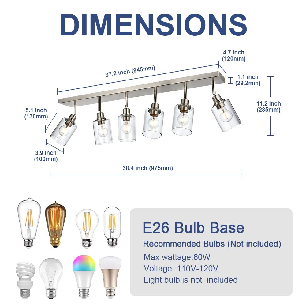 Lucidce 6-Light Adjustable Track Lighting Brushed Nickel Long Finish Tracking Light Complete Kit Industrial Ceiling Light Fixture for Kitchen Island Dining Room