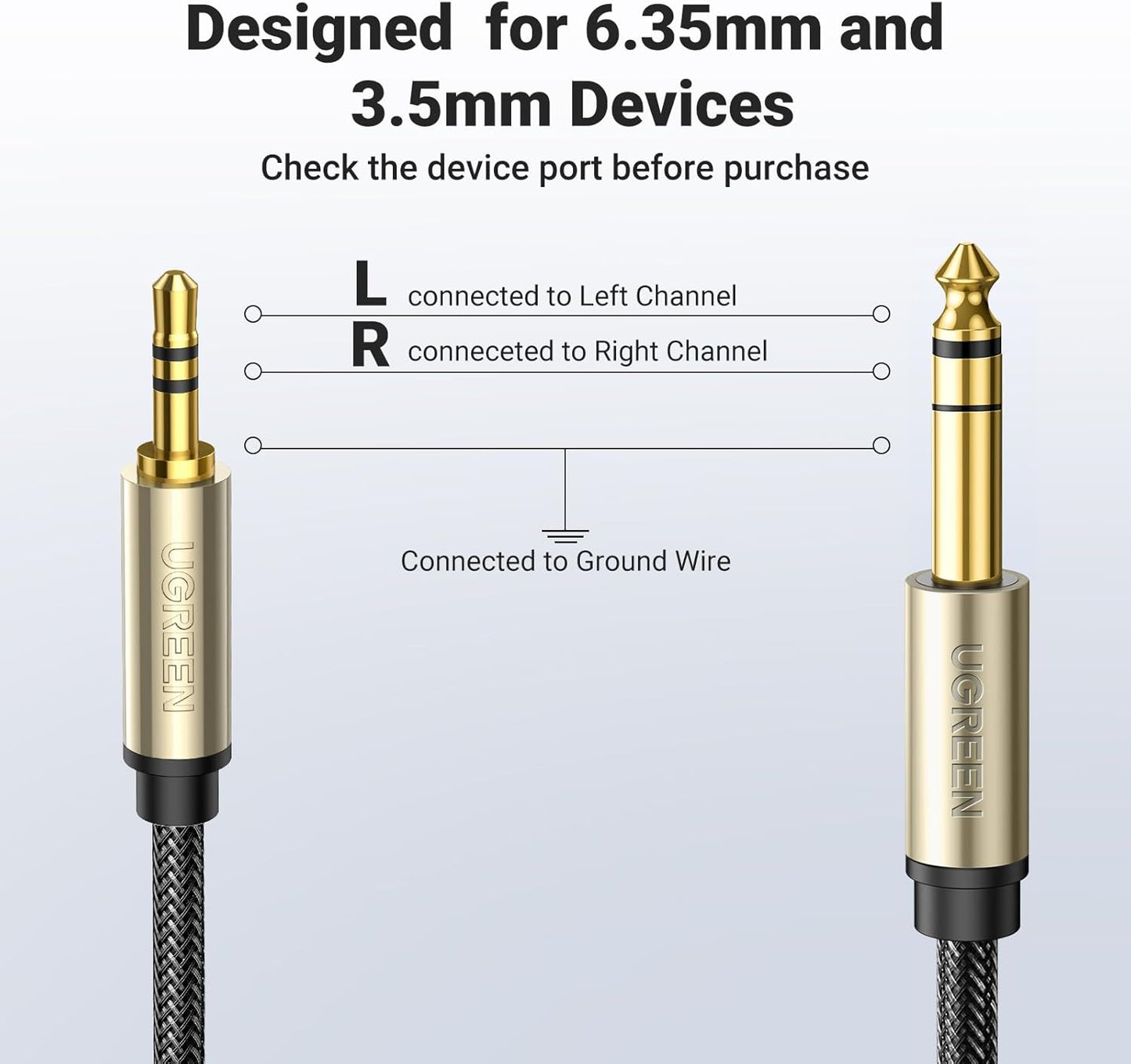 1/8 1/4 3.5mm 6.35mm 16FT UGREEN to Stereo Cable TRS to Audio Cable Guitar to Aux Male Cord with Zinc Alloy Housing