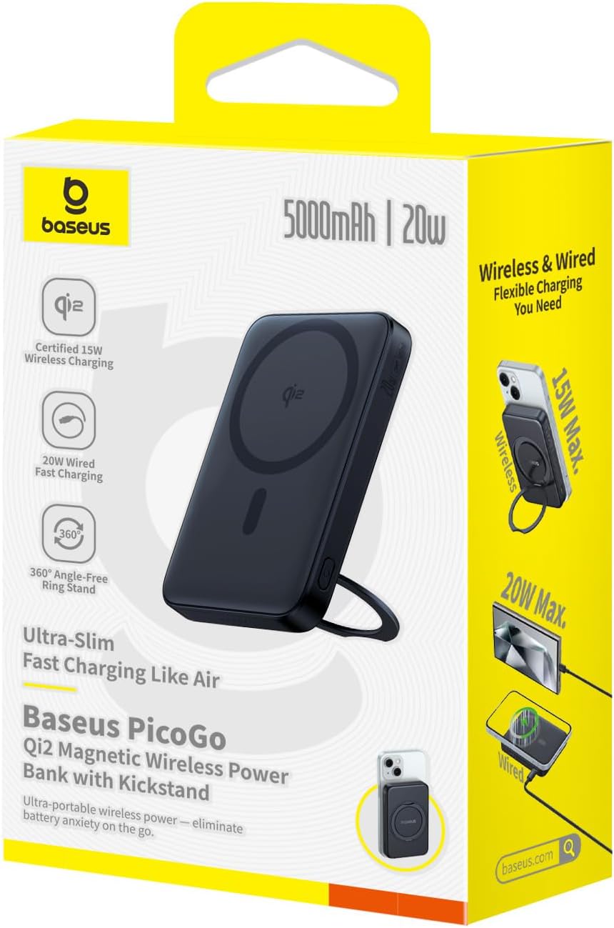 Baseus Qi2 15W 5000mAh Pack 17 16/15/14/13/12 PicoGo Magnetic Power Bank, Certified Ultra-Fast Wireless Portable