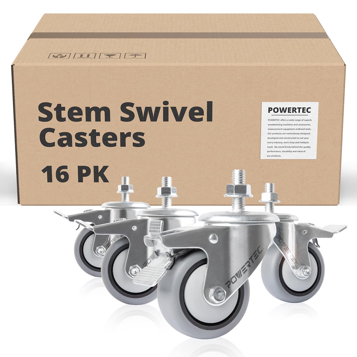 POWERTEC 17201-Case4 3" Heavy Duty Threaded Stem Swivel Caster Wheels with 600 lbs Total Loads, Dual Locking Industrial Castor Wheels for Workbench, Dolly, Cart & Furniture, (Pack of 16)