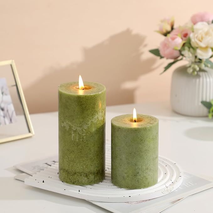3x4 inch Green Pillar Candles Set of 3, Unscented Pillar Candle, Dripless and Smokeless Large Candles, Candle for Home Decor, Dinner Table,Weddings, Holidays