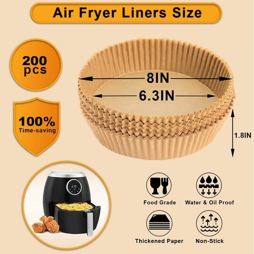 Air Fryer Paper Liners - 200 Pcs Non-Stick Disposable Liners for 2-5Qt Air Fryers | Waterproof & Oil-Proof