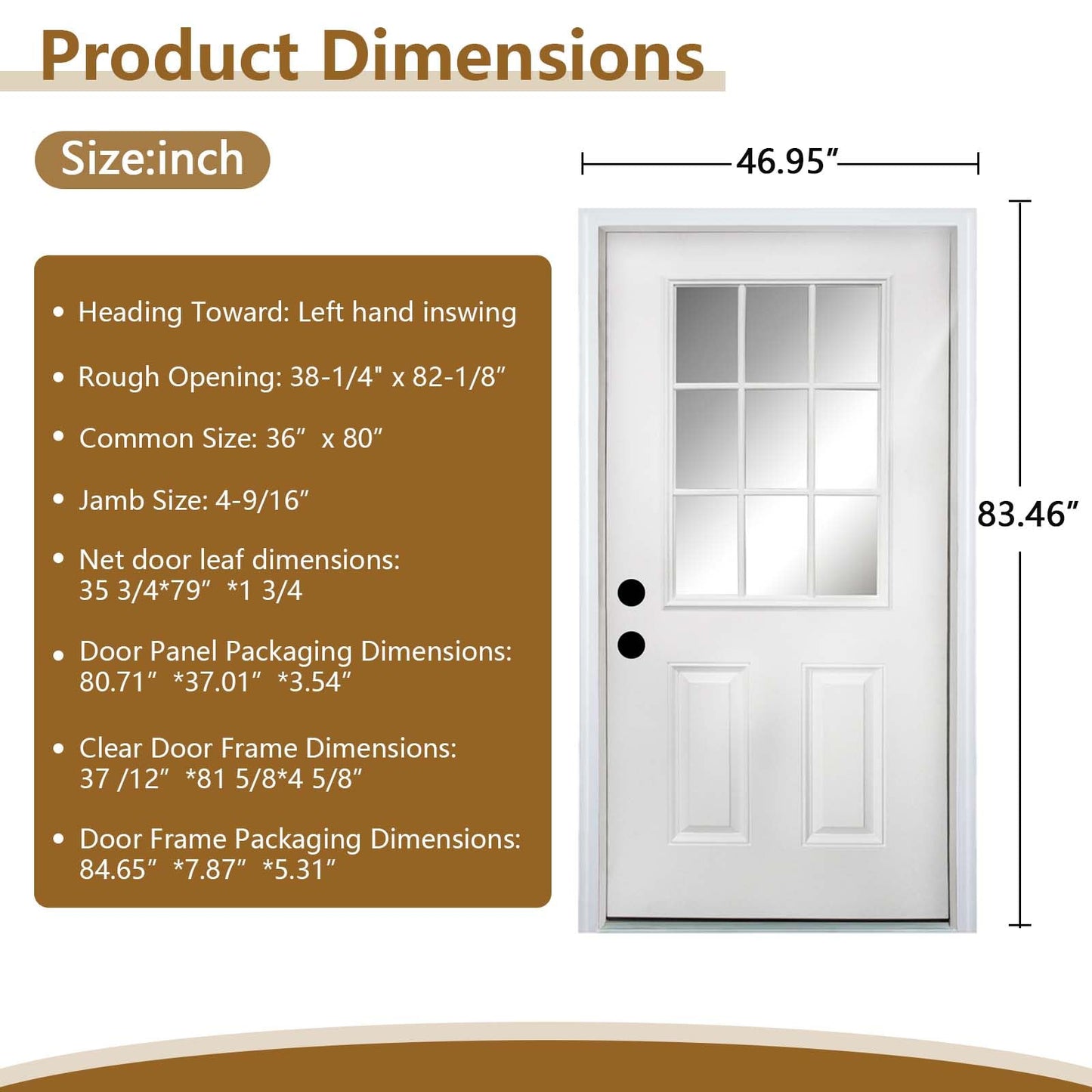 36 X 80 Exterior Door with Glass, Modern Front Door for House Exterior, Entry Doors for Home, Primed Fiberglass, Left Hand Inswing, Wood, French (White, Right Hand Inswing)