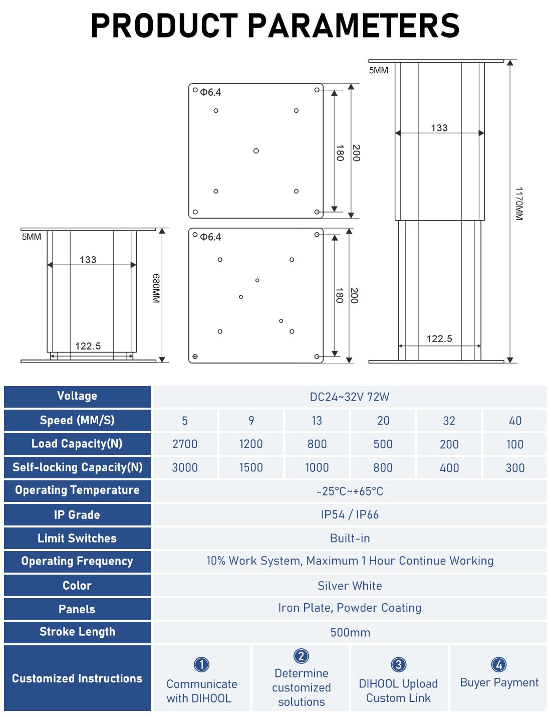 DIHOOL Electric Lift Table Leg 600Lbs Capacity 26.34" - 46.0" Height Adjustable,Home Elevator Lift Systems