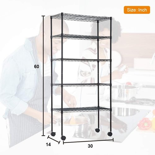 BestOffice 5-Tier Wire Storage Shelves - Heavy-Duty Metal Racks with Wheels | Adjustable 14x30x60 | Black | Easy No-Tool Assembly