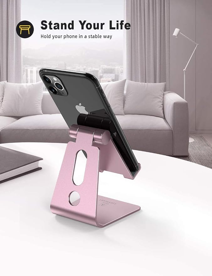 Lamicall Pink Phone Stand, Desk Accessories - Rose Gold Pink Cell Phone Holder, Office Decor, Office Desktop Accessories, Suitable for iPhone 16 15 14 13 Pro Max, 4-8'' Phone