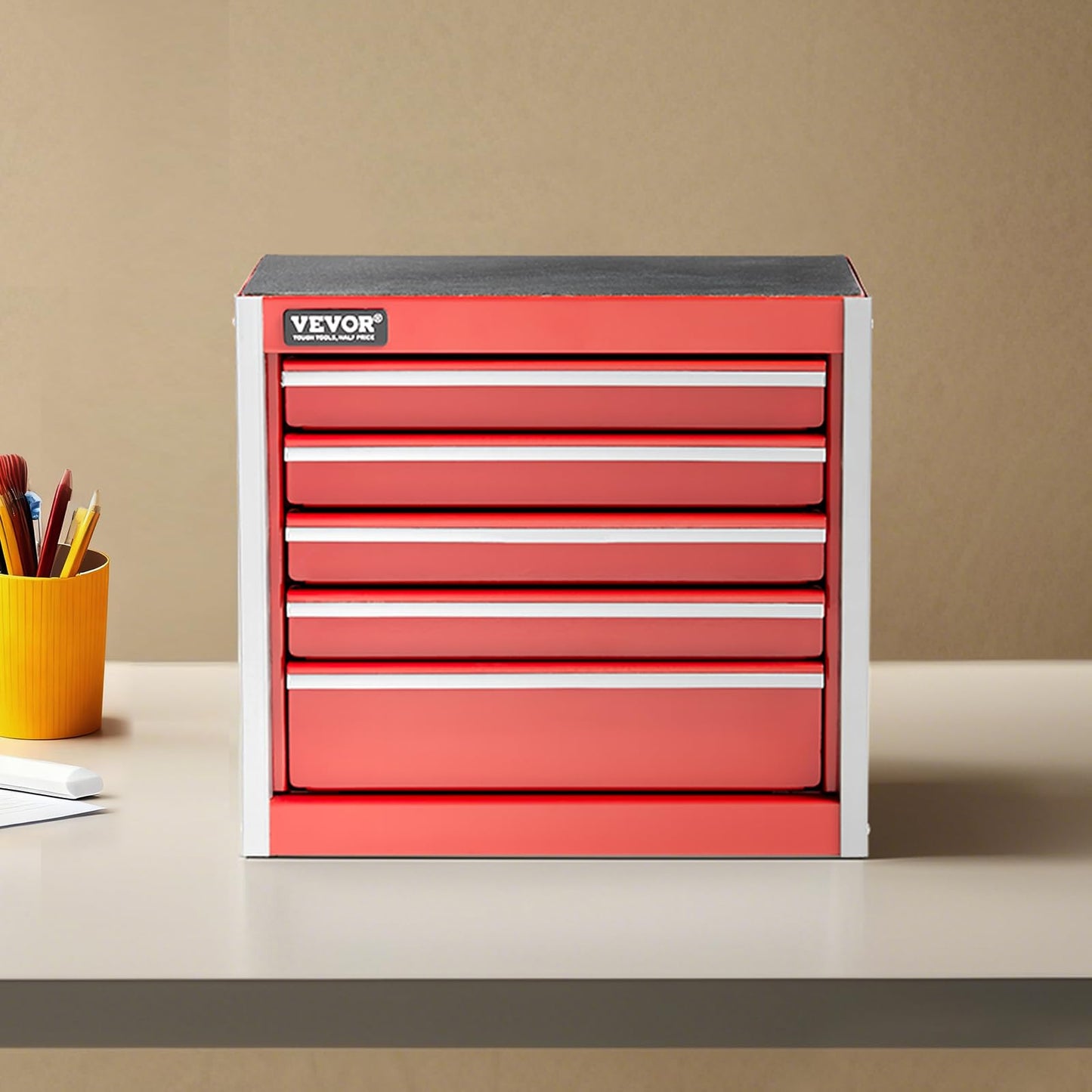 VEVOR Metal Tool Box, 8.6-inch, Portable Metal Tool Box with 5 Drawers, Small Tool Chest with EVA Liners and PP Feet Pads, Heavy-Duty Steel With Ball Bearing Opening and Powder Coated Finish, Red