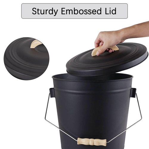 Annie Garden Ash Bucket with Lid and Shovel, Hand Broom and Stick, 5.2 Gallon Large Metal Ash Bucket for Fireplace Tools Set, Fire Pits, Wood Burning Stoves, Indoor and Outdoor, Camping, Grill, Black