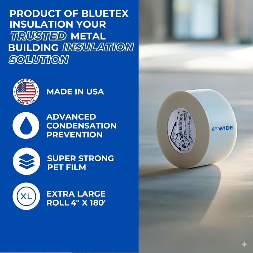 BlueTex Insulationㅤ 4'' Wide x 180' Long White Vapor Barrier Tape - 1 Roll, Waterproofing for Stucco, Crawlspaces, Repair, Underlayment Seams, Metal Building Seams, Excellent Air Barrier