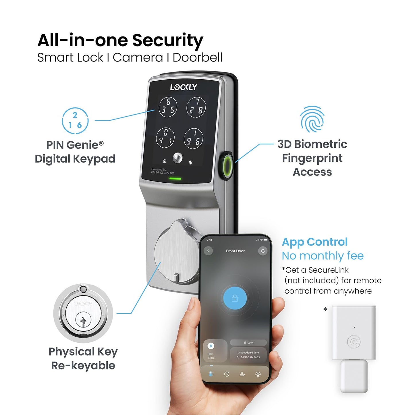 Lockly Secure Plus, Keyless Entry Door Lock, Smart Locks for Front Door, Smart Lock Deadbolt, PIN Genie® Keypad, 3D Biometric Fingerprint Sensor, Auto Lock Smart Door Lock