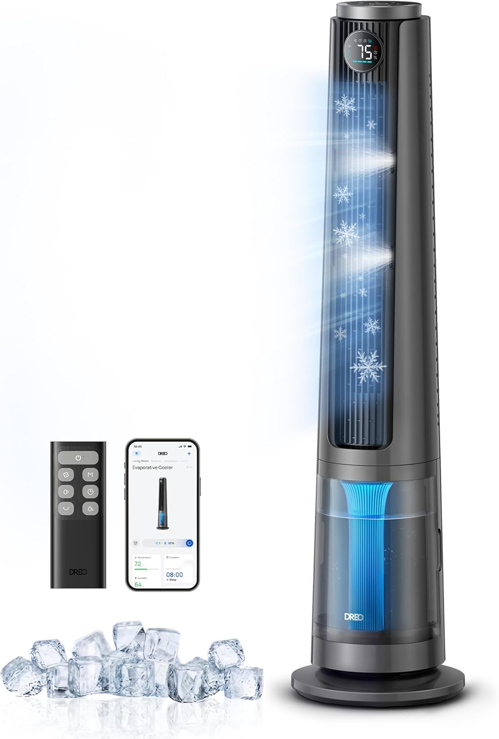 DREO TurboCool Misting Fan 765S, Tower Fans that Blow Cold Air, 10°F Cooling, 34ft/s Fast Standing Fan, 6L Tank, 20 dB Quiet DC Motor, 90° Smart Oscillating Fan with 12 Speeds, 4 Modes for Home, Grey