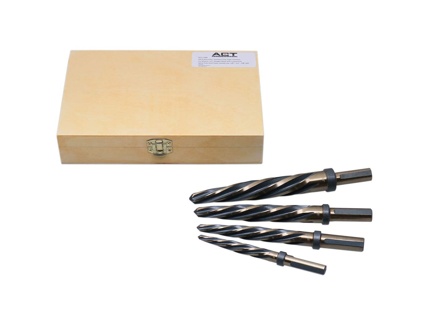 Accusize Industrial Tools - 4 Pc High-Speed Steel Spiral Flute Car Reamer Set, Gold Oxide Finish, Sizes 3/8", 1/2", 5/8", 3/4", Fits 3/8'' & 1/2'' Chuck, 0522-1800