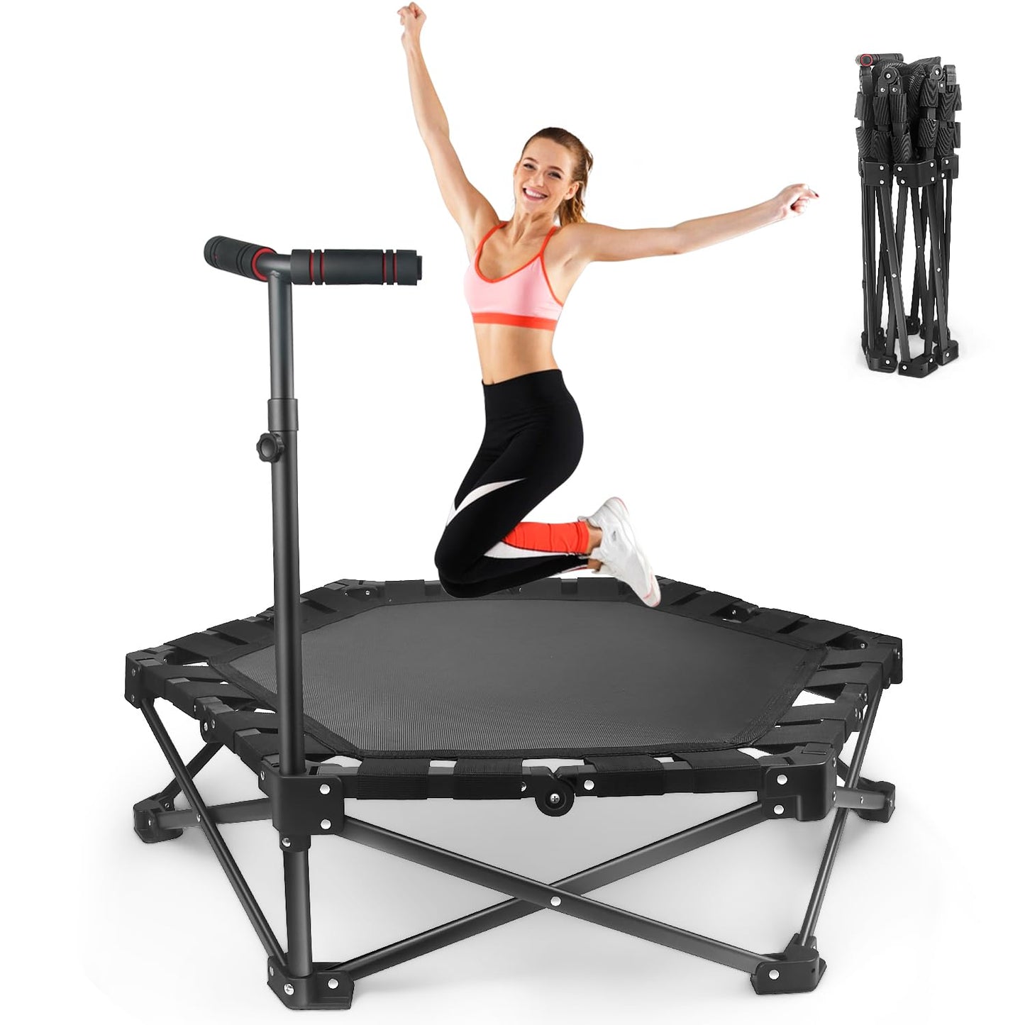 Foldable Mini Trampoline — One-Step Fold & Open, 42" Rebounder Trampoline for Adults & Kids, 450lbs Max Load, Adjustable T-Bar, Indoor & Outdoor Workout