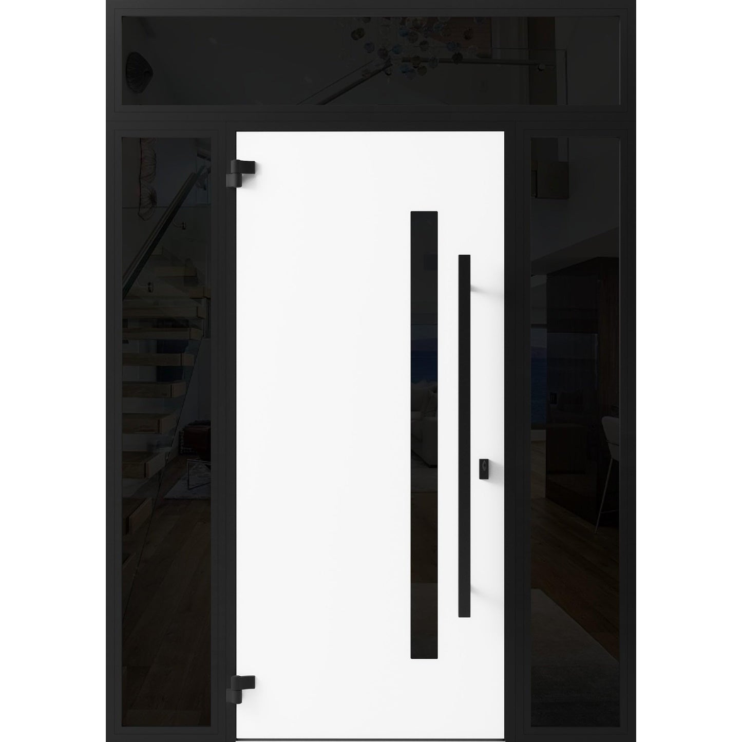 VDOMDOORS Front Exterior Prehung Steel Door/Ronex 0144 Grey / 2 Side and Top Exterior Window Sidelite/Entry Metal Modern Painted W12+36+12" x H80+16" Right Hand Inswing