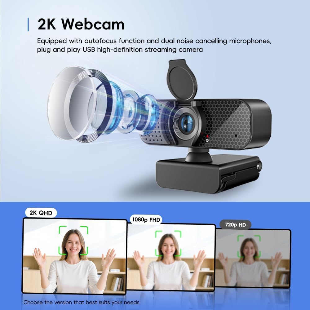 Kemeiv 2K Webcam PC Webcam with Microphone and Physical Privacy Cover, Noise-Canceling Microphone, Auto Light