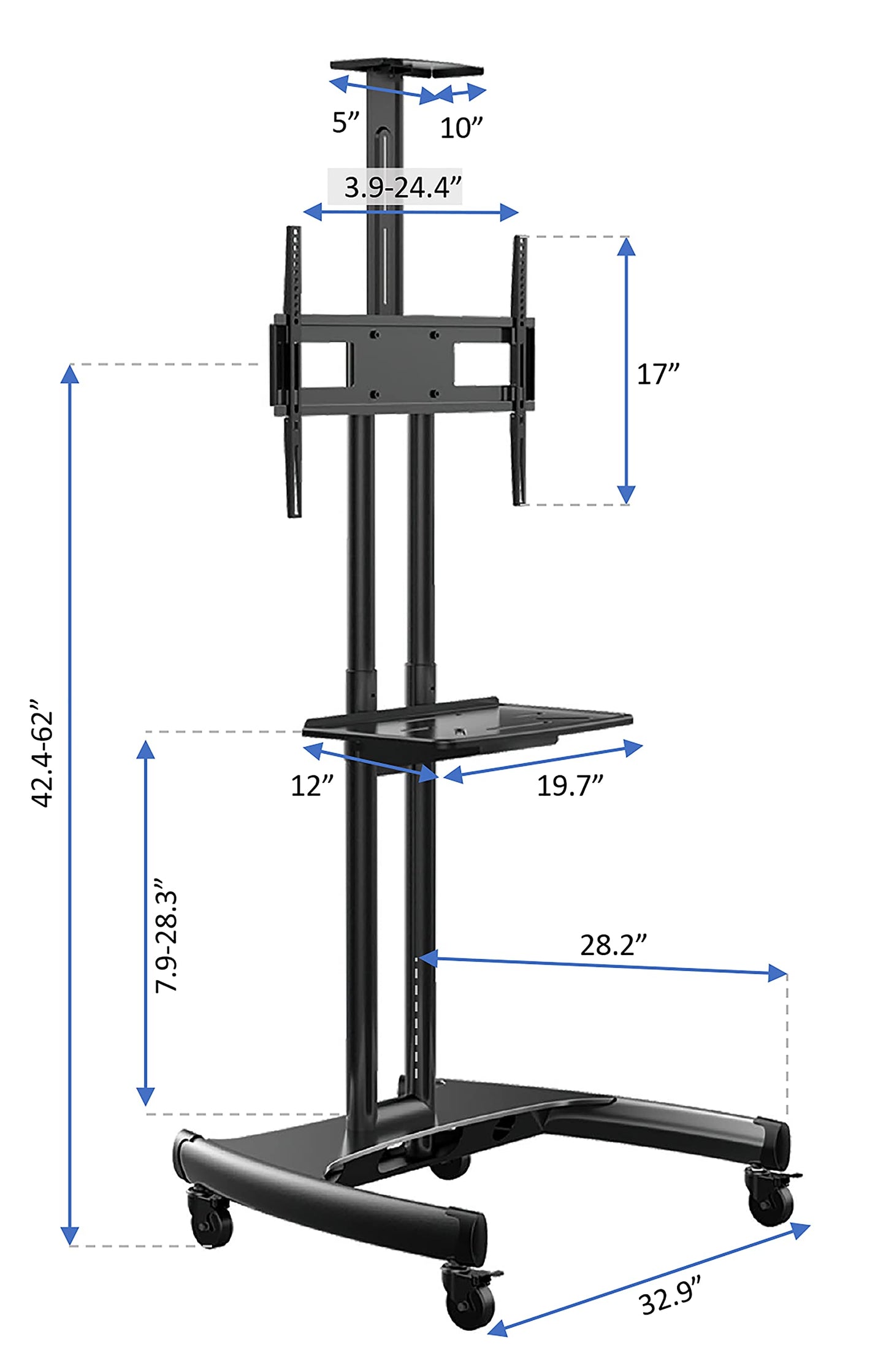 Rocelco VSTC 32"-70" Mobile Flat Screen, Monitor, A/V and TV Cart with A/V Component and Webcam Shelves (R VSTC), Black
