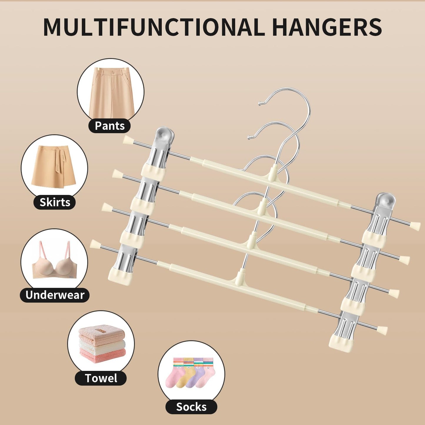 Skiennix 14-Inch Pants Hangers - Adjustable Metal Clips for Non-Slip Skirts & Trousers | 20-Pack