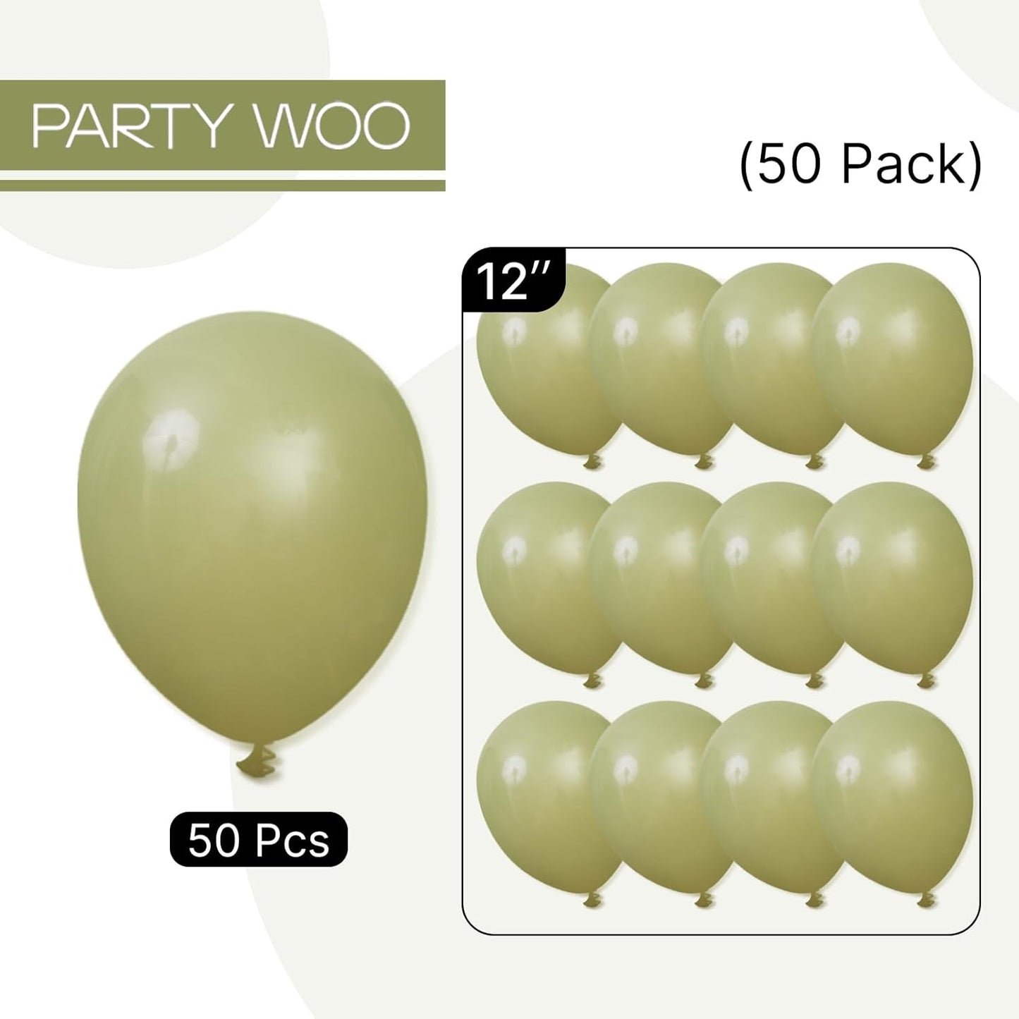 PartyWoo Sage Green Balloons - 50 Pcs 12-Inch Matte Latex Balloons for Weddings & Celebrations