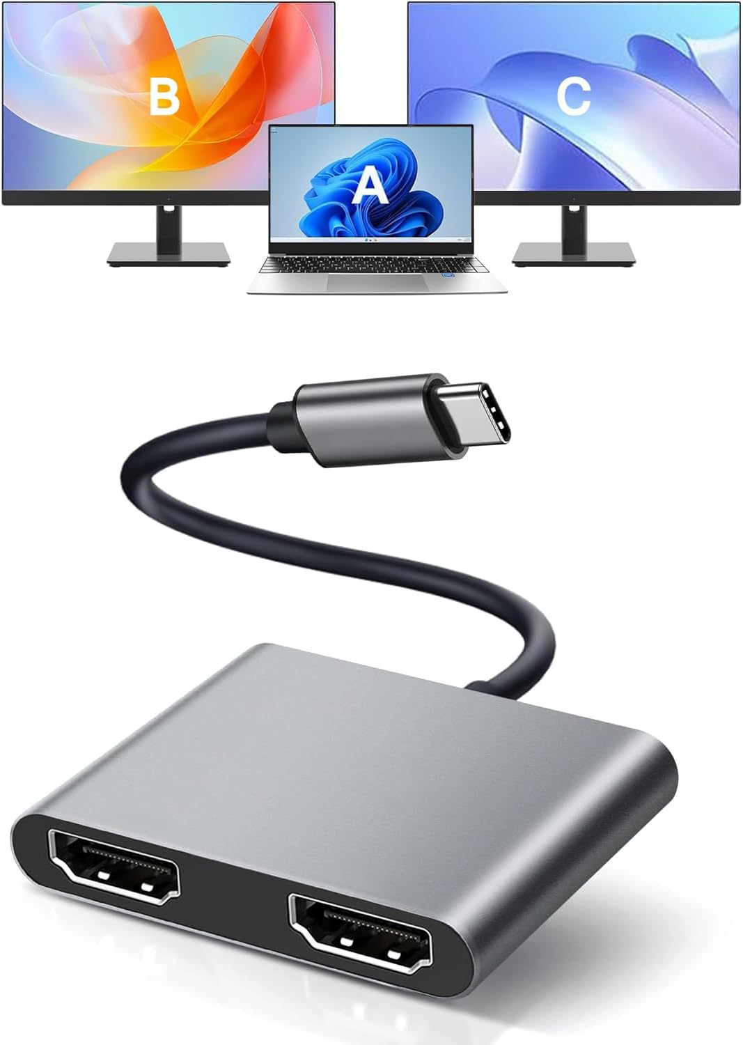 Siawclub 2 4K@60Hz 2 USB C to Dual HDMI Adapter, with HDMI Docking Station, Type C to HD Splitter for Monitors