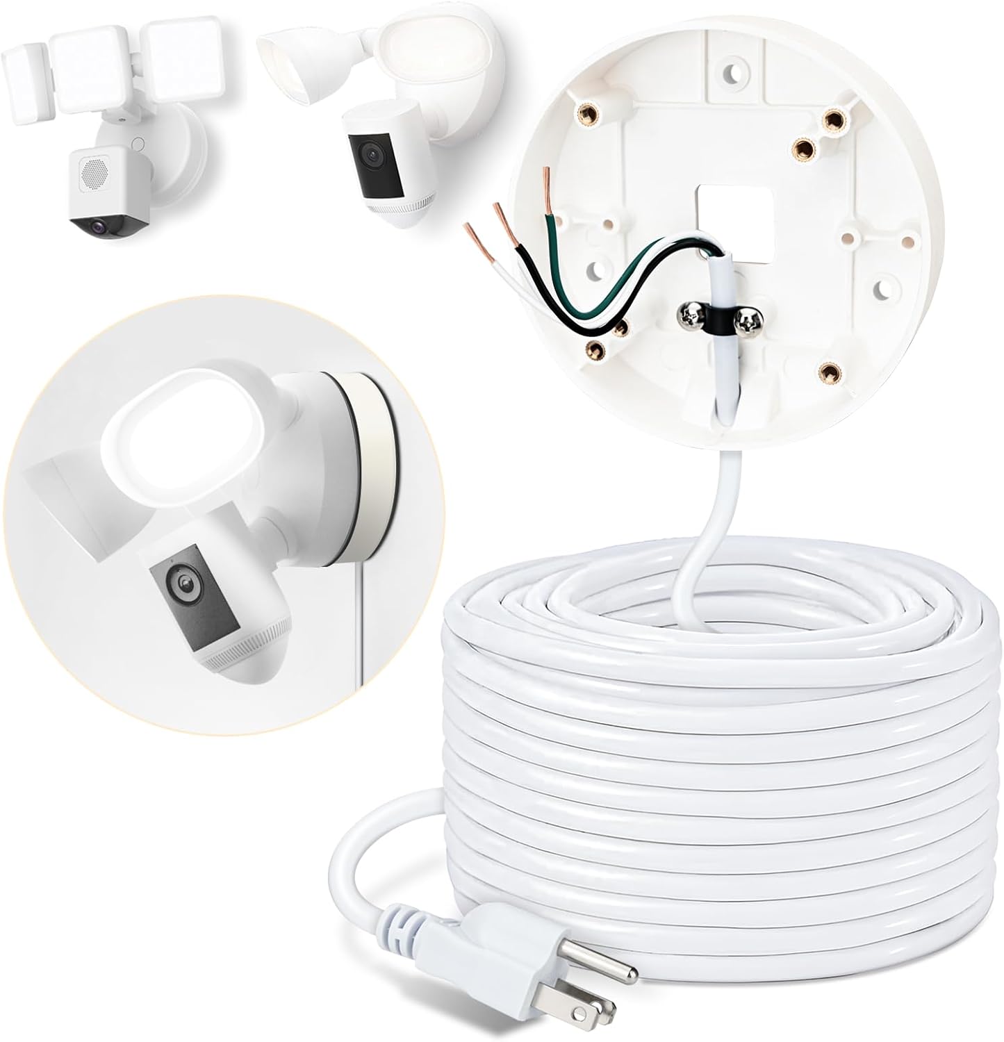 CaGuan 25ft -(2in1 Set) Power Cable and Plug-in Mount for Floodlight Cams Compatible with Floodlight Cam Wired